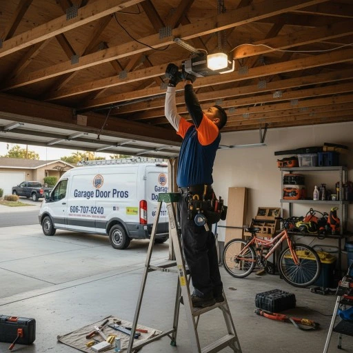 Garage Door Pros technician on ladder installing overhead automatic garage door opener in Pasadena CA