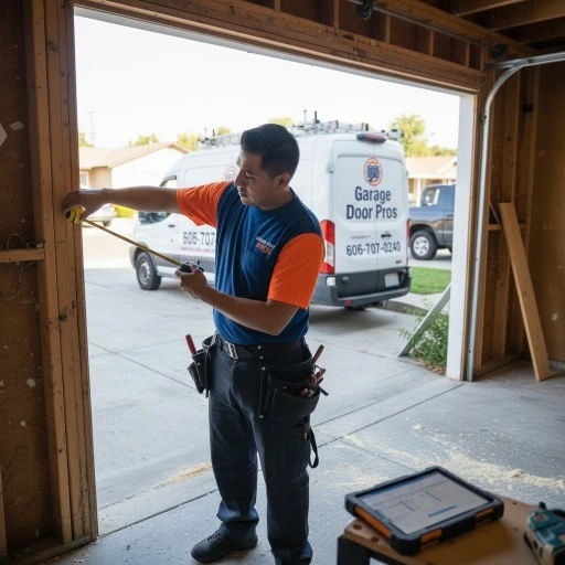 Two Garage Door Pros technicians wiring a new garage door opener system inside a residential garage
