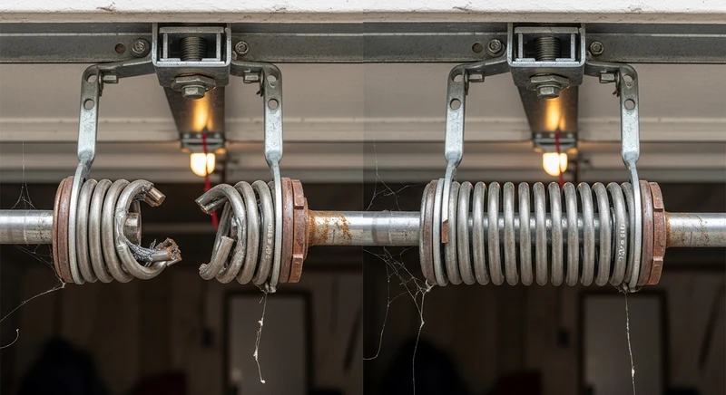 Broken torsion spring with 2-inch gap compared to healthy spring — Garage Door Pros Pasadena