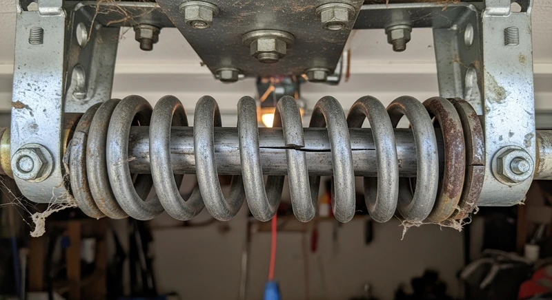 Worn garage door spring with rust
