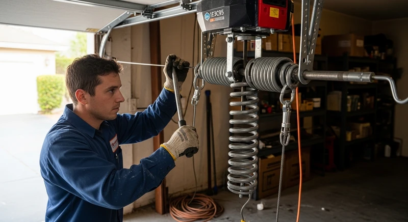 Garage Door Pros technician replacing torsion spring safely — Pasadena CA