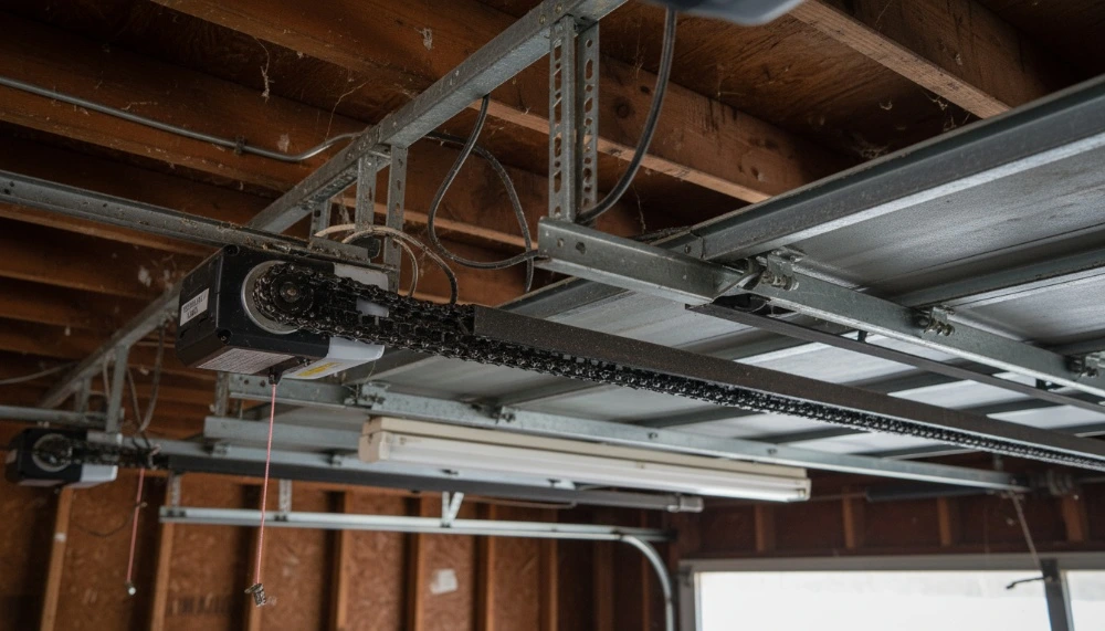 Close-up of chain drive garage door opener mechanism for professional replacement in Pasadena