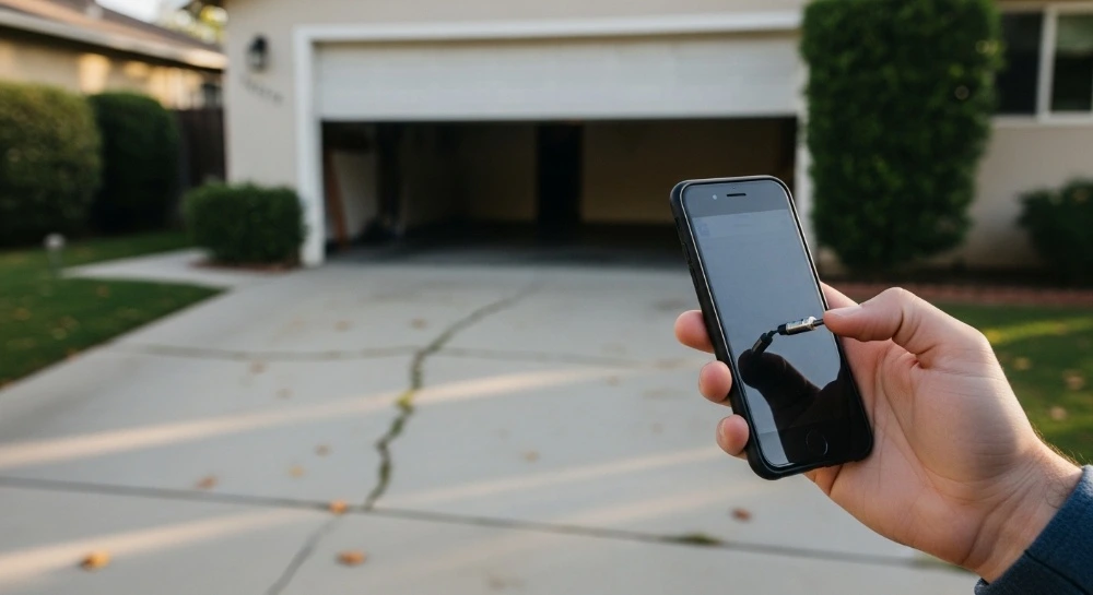 Hand holding smartphone with garage door opener remote in Pasadena driveway for Garage Door Opener Replacement Pasadena