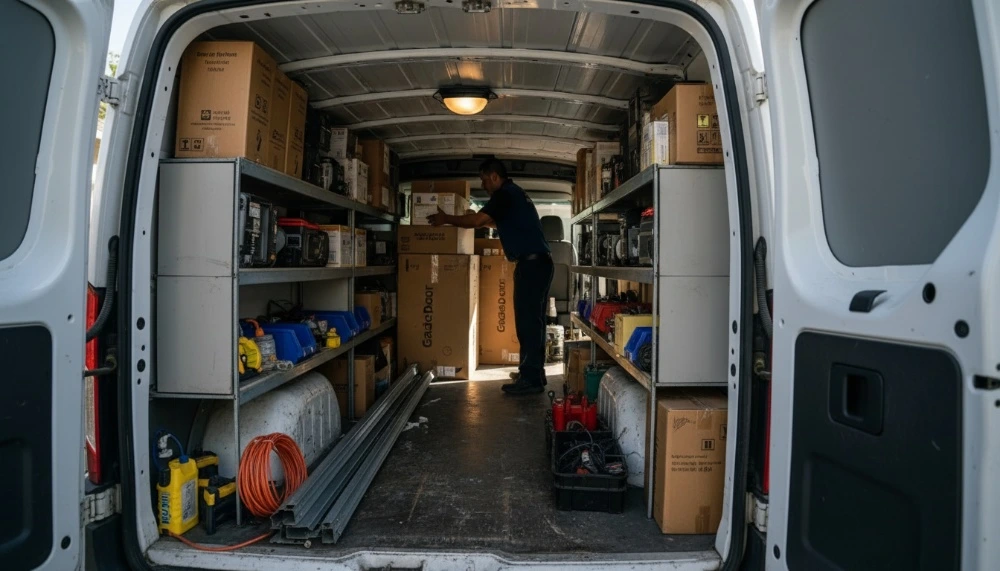 Fully stocked Garage Door Pros service van interior for emergency garage door opener replacement Pasadena