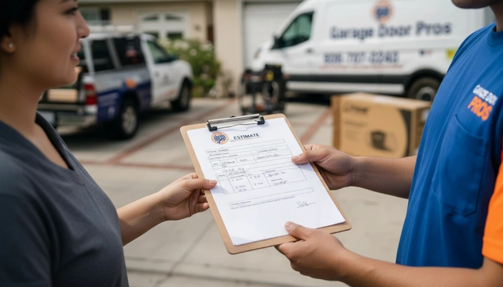 Garage Door Pros technician handing free estimate for Garage Door Opener Replacement Pasadena