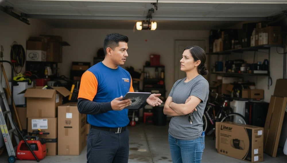 Garage Door Pros technician showing tablet to homeowner during garage door opener replacement Pasadena consultation
