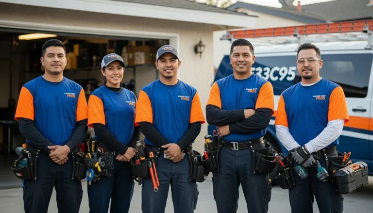 Professional garage door repair team posing together with tools and service van