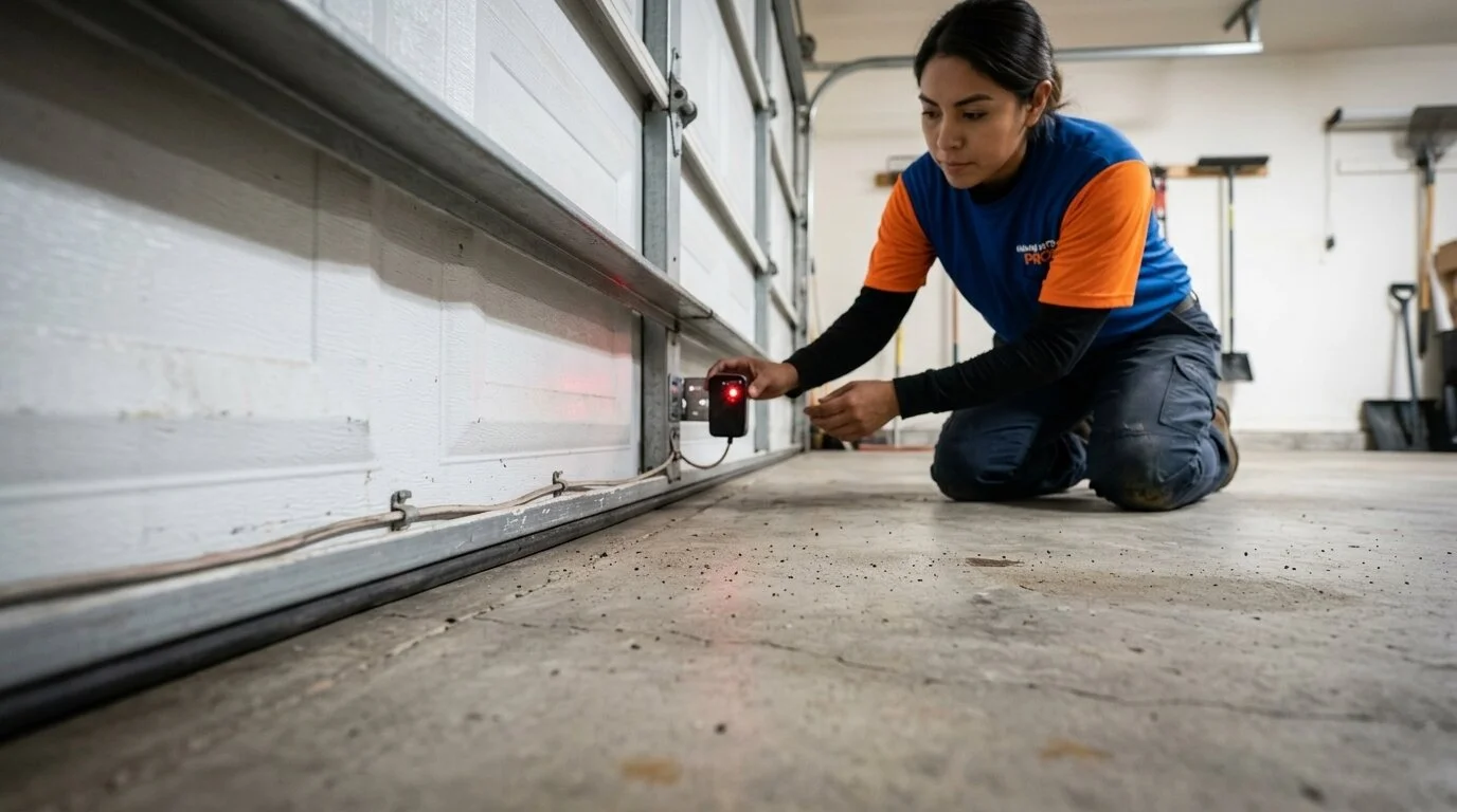 Garage Door Pros technician aligning safety sensor during garage door maintenance service in Pasadena CA
