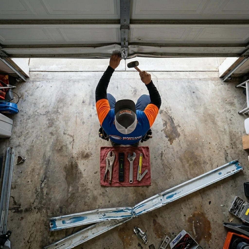 Overhead aerial view of a technician using a rubber mallet to realign a bent garage door track with tools laid out on the floor