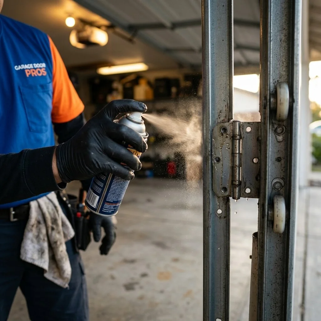 Garage Door Pros technician applying professional lubricant to garage door hinge during scheduled maintenance service in Pasadena