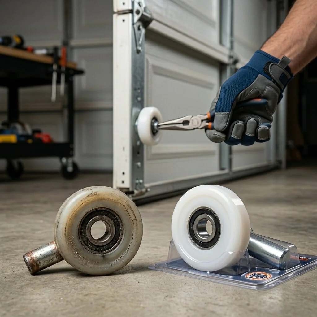 Side-by-side comparison of a worn steel garage door roller and a brand new nylon roller replacement during a maintenance visit